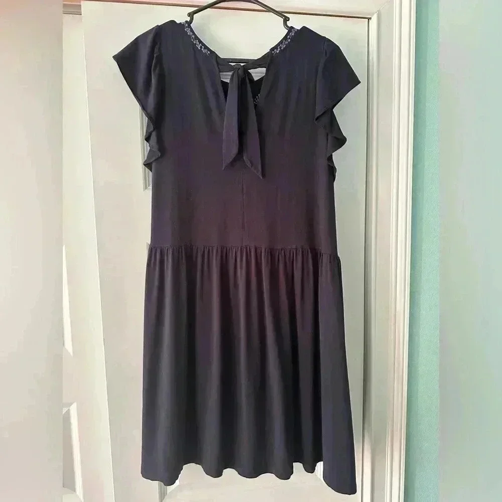 LOFT Women's Boho Dress Large Navy Blue Embroidered Flutter Sleeve Back Tie EUC!